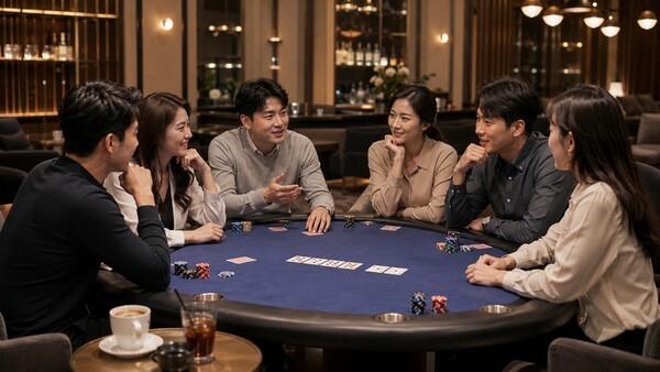 홀덤 테이블 주변에서 2030 세대가 게임과 대화를 오가며 네트워킹을 이어가고 있다. 세련된 라운지 공간과 수평적인 테이블 문화는 홀덤스포츠가 새로운 사교 플랫폼으로 소비되는 흐름을 보여준다. /사진=AI 생성 이미지